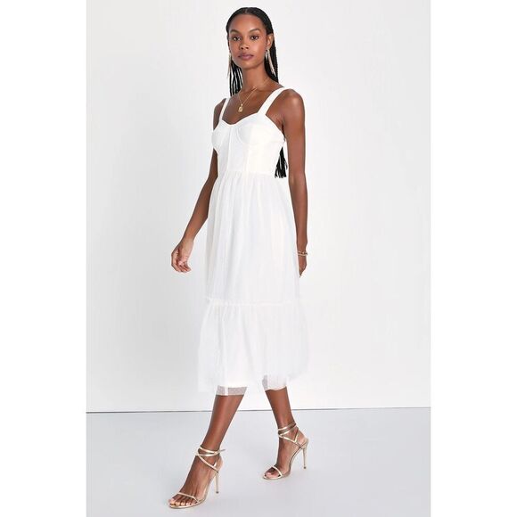 Lulus Feeling Gorgeous White Swiss Dot Tulle Bustier Midi Dress Size XS New - Picture 10 of 10